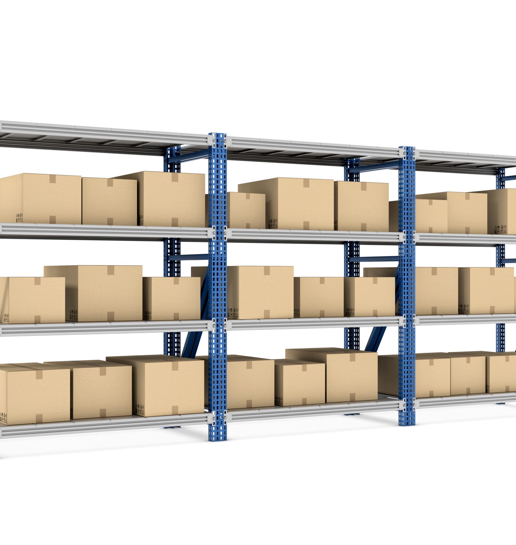3d rendering of three metal racks put together with beige cardboard boxes of different size stored there, isolated on the white background. Warehousing and storage. Postal services. Packing and crating. Compartments for packages.